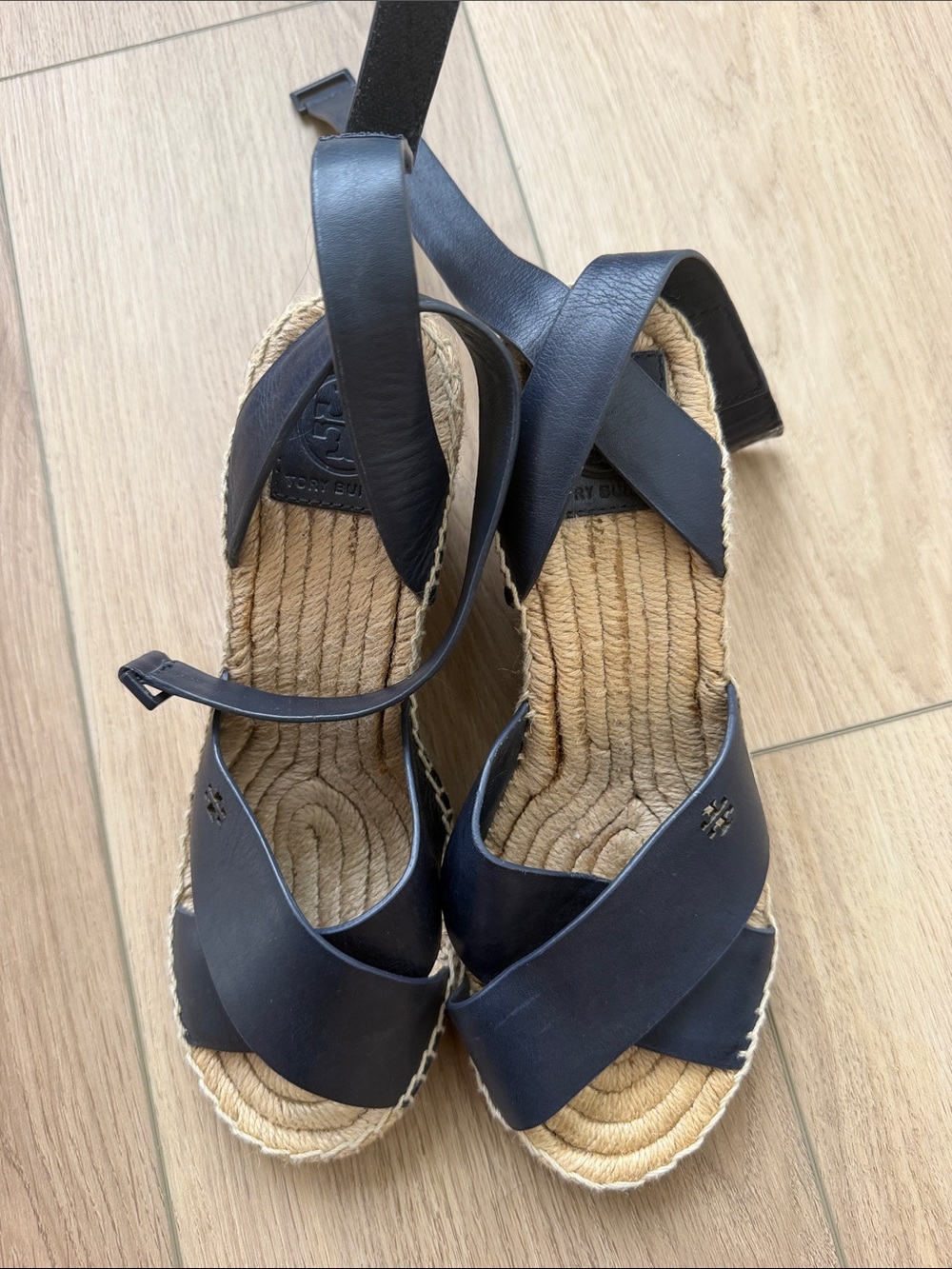 Tory Burch Navy Leather Crisscross Espadrille Wedges